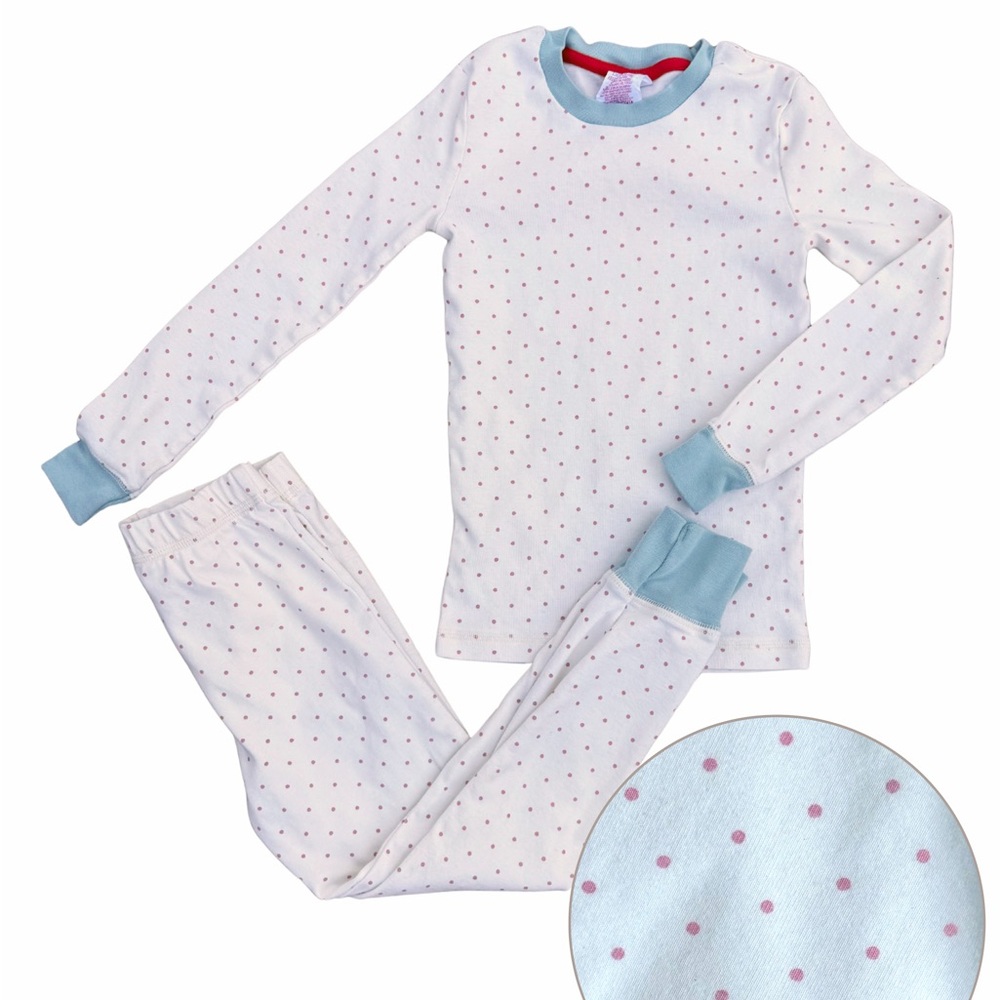 Mini Boden White Pajama Set with Pink Polka Dots and Blue Trim